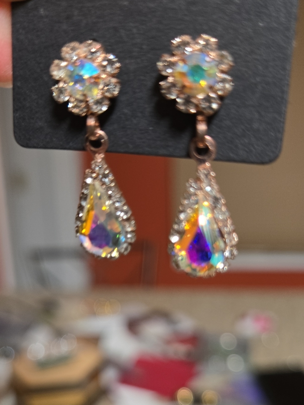 Vintage Iridescent AB Crystal Rainbow Color Teardrop Drop Earrings - Picture 11 of 14